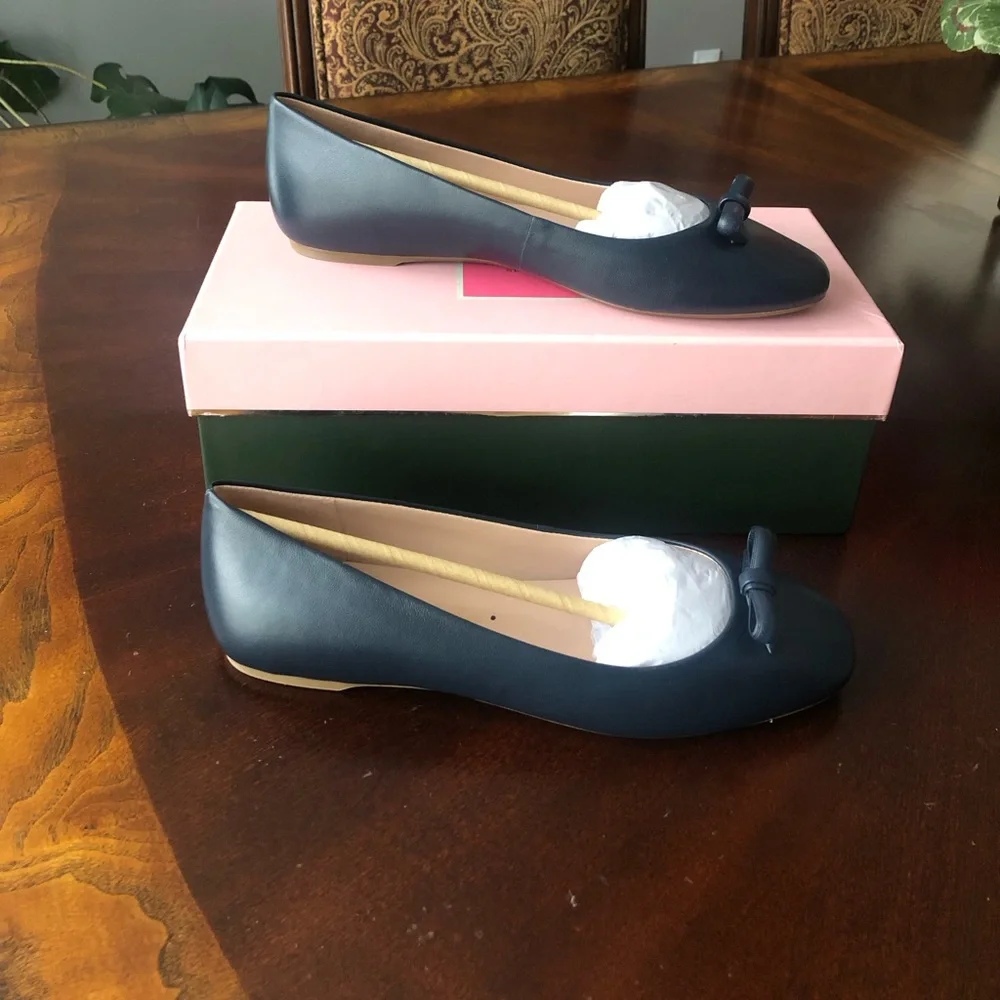 NEW Kate Spade Kiersten Bow Leather Navy Round Toe Ballet Flats Shoes Size 9